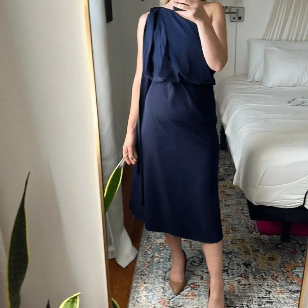 Amy Lynn Navy Blue One Shoulder Tie  Satin Evening Midi Dress Size Medium